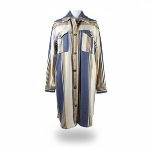 Aerie Blue Mustard Striped Cotton Long Sleeved Shacket Coat M Street Style OOTD